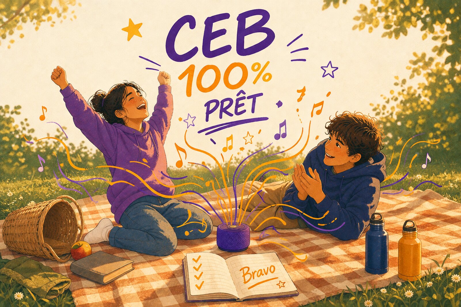 Maya et Léo, deux pré-ados de douze ans, viennent de finir un quiz CEB. Maya bras levés en victoire, Léo lui tape un check, une enceinte avec ondes sonores entre eux, sur un plaid à carreaux. Le ciel affiche CEB 100% prêt. Illustration éditoriale chaleureuse.