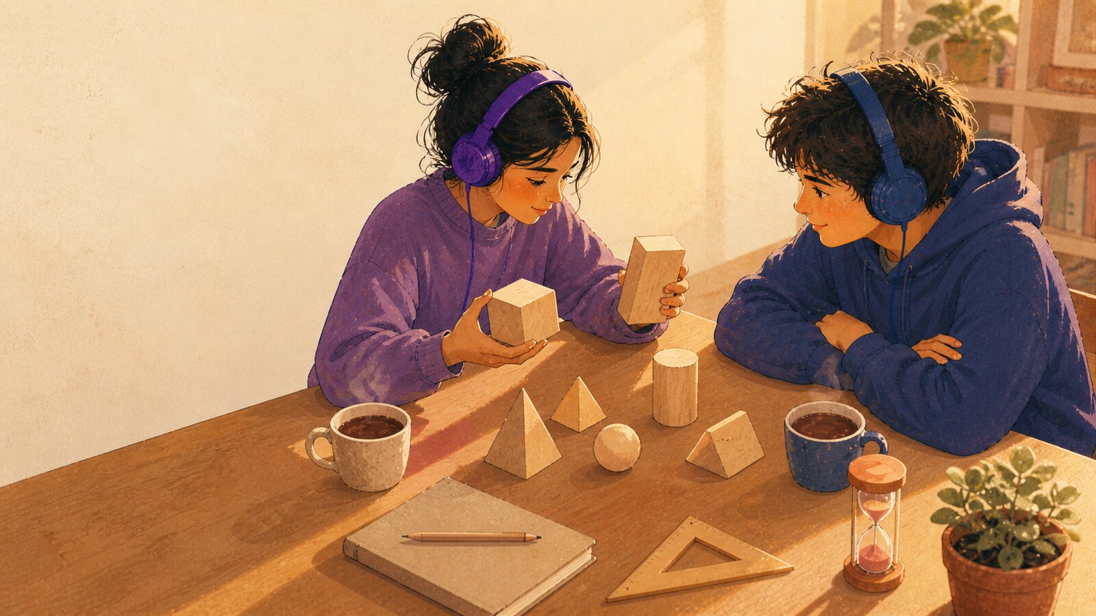 Maya et Léo, deux pré-ados de douze ans avec casques audio violet et indigo, manipulent des formes géométriques en bois clair (cube, parallélépipède rectangle, prisme, sphère, pyramide, cylindre) sur une table de salon. Une équerre et un sablier reposent à côté. Illustration éditoriale chaleureuse.