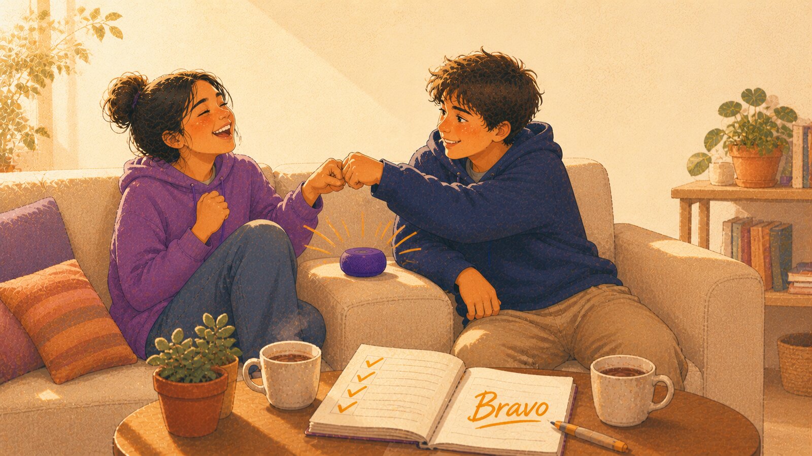 Maya et Léo, deux pré-ados de douze ans, se tapent un check sur un canapé après avoir terminé un quiz CEB. Carnet ouvert sur la table basse avec quatre cases cochées et le mot Bravo écrit à la main. Lumière chaude de fin d'après-midi.