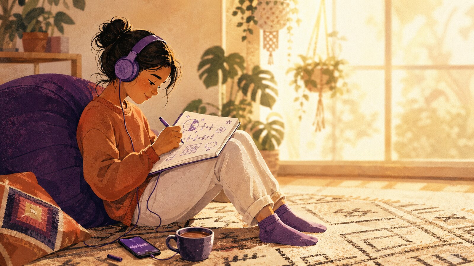 Une pré-ado de douze ans avec un casque audio violet, prend des notes dans son cahier en écoutant un podcast edukia chez elle, lumière chaude de fin d'après-midi. Apprentissage en autonomie à domicile.