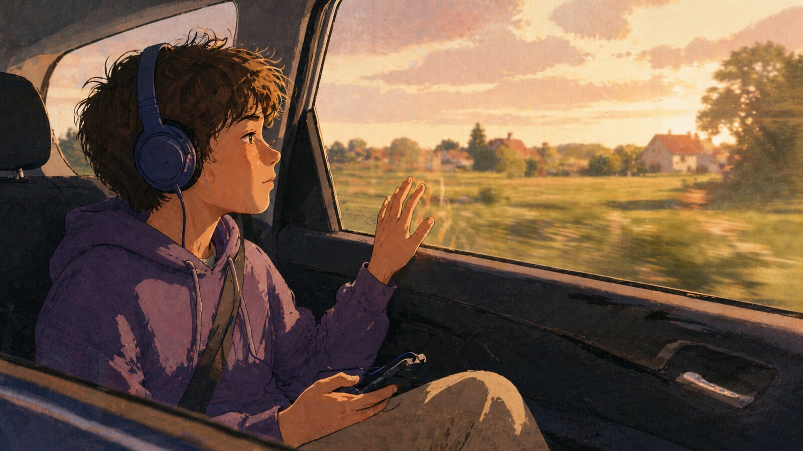 Léo écoute un podcast edukia au casque pendant un trajet en voiture