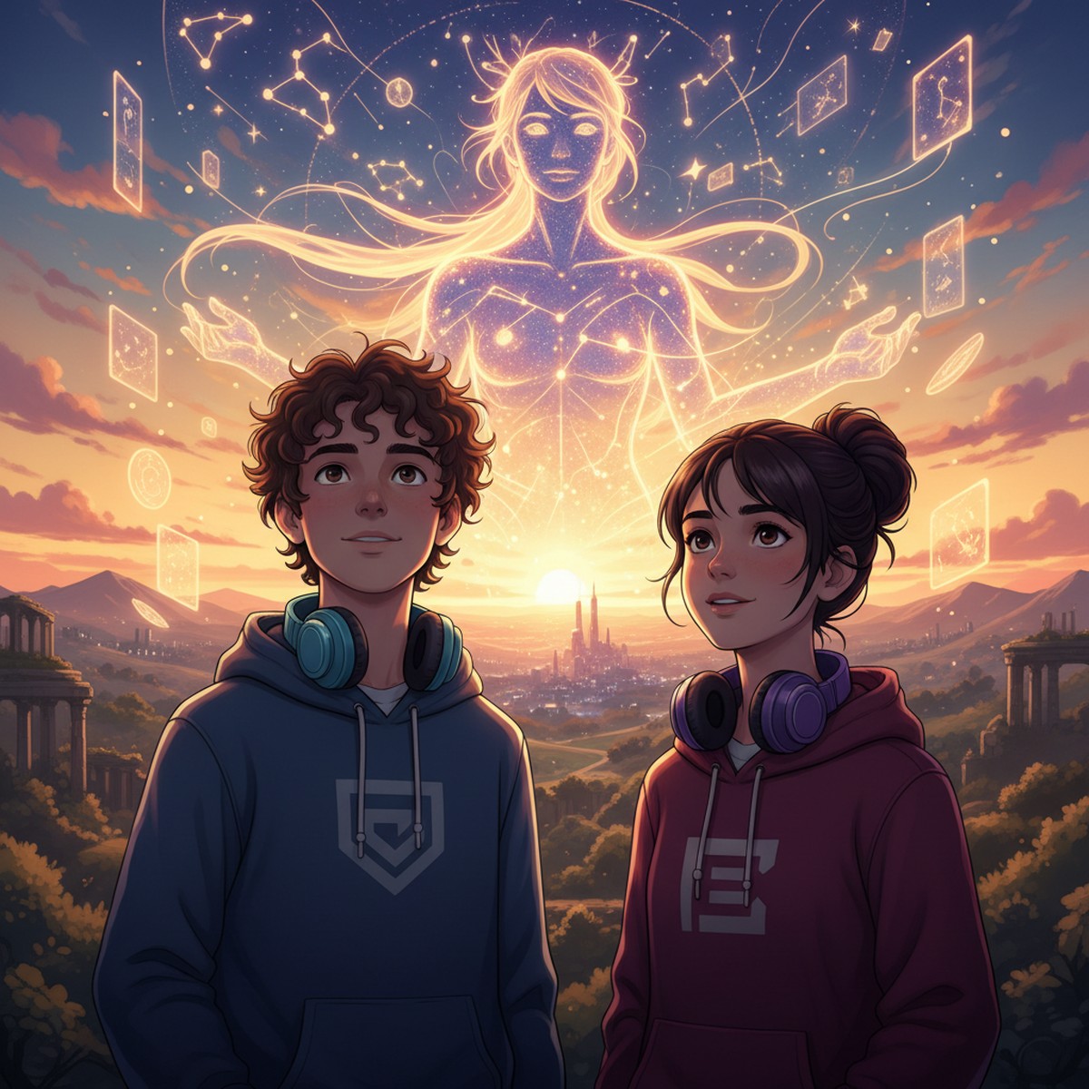 Léo et Maya, casque autour du cou, regardent une intelligence artificielle lumineuse faite de constellations dans un ciel de coucher de soleil.
