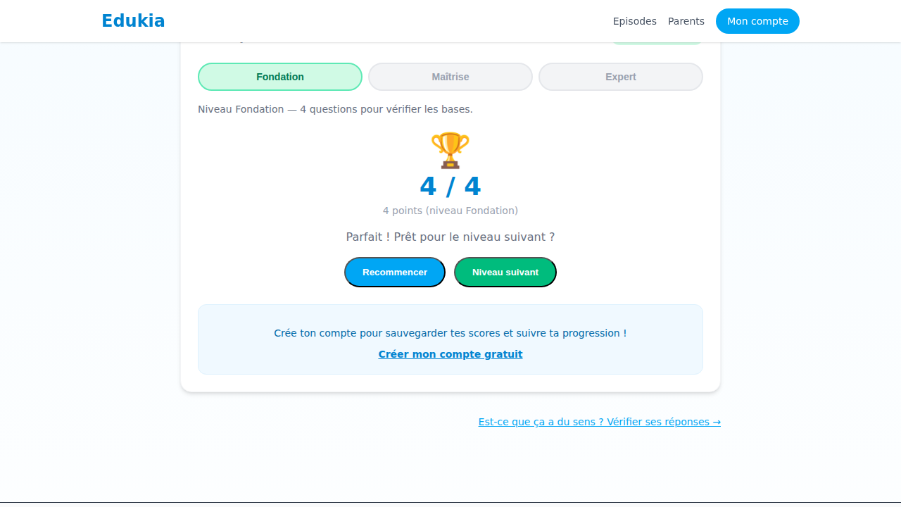 Résultat quiz avec score, badge et bouton niveau suivant