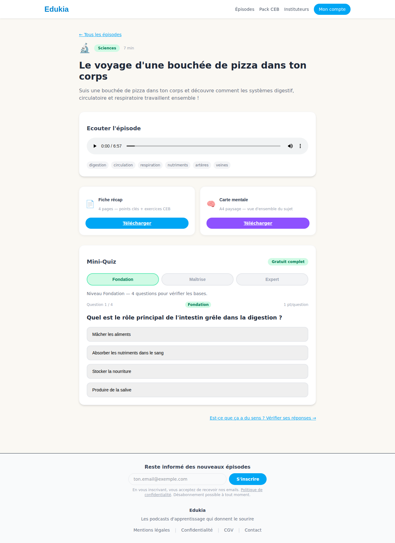 Page épisode avec lecteur audio et documents PDF